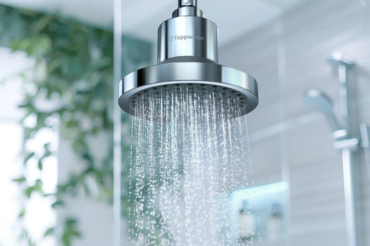 Eau purifiée s'écoulant du pommeau filtrant ShowerPro Rain SMR Tappwater